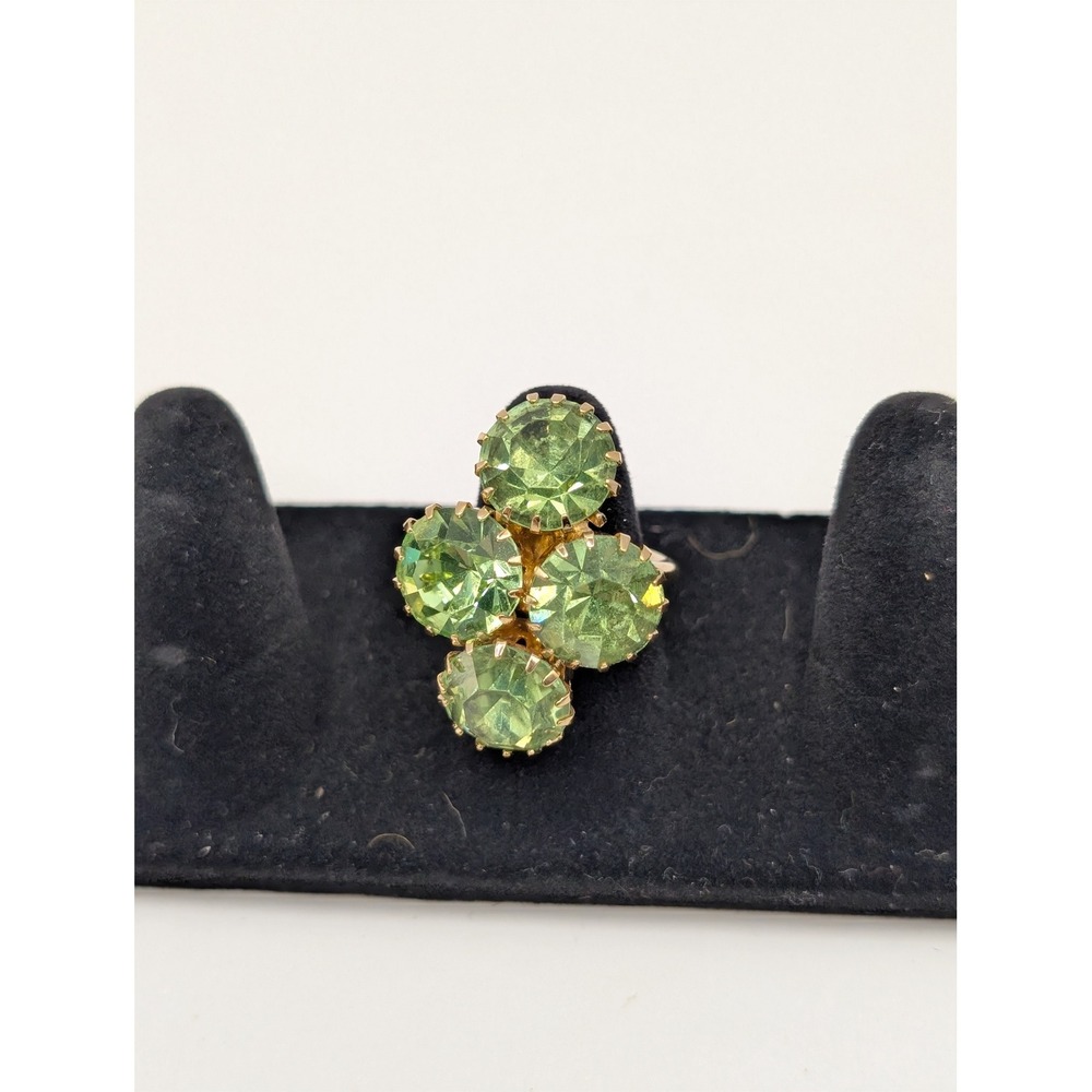 Vintage Emmons Green Uranium Glass Rhinestone Ring Gold Tone Statement Cluster